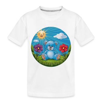 Süßer blauer Teddybär im Garten Sonne und Wolken - Kinder Premium Bio T-Shirt - Weiß - Vorne