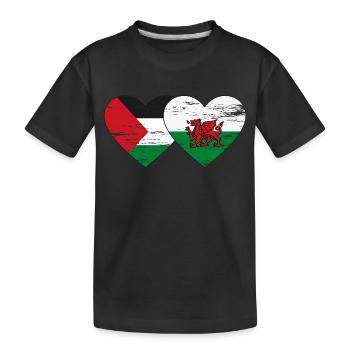 Palestine Wales flag heart used - Kids' Premium Organic T-Shirt - black - Front