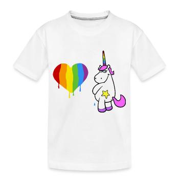 Rosa Einhorn pinkelt ein großes Herz in Regenbogen - Kinder Premium Bio T-Shirt - Weiß - Vorne