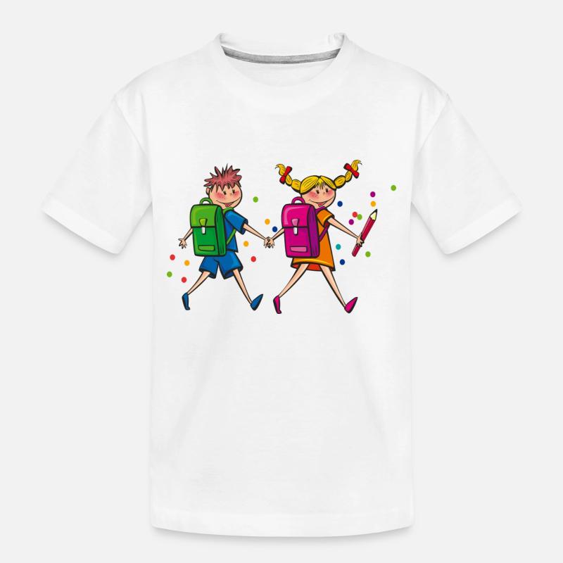 Schulkinder mit Schulranzen. Geschenkidee - Kinder Premium Bio T-Shirt - Weiß