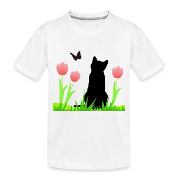Frühlingsdesign - Katze, Tulpen, Schmetterling - Kinder Premium Bio T-Shirt - Weiß - Vorne