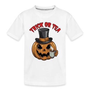 Trick or Tea lustiger Halloweenkürbis mit Teetasse - Kinder Premium Bio T-Shirt - Weiß - Vorne