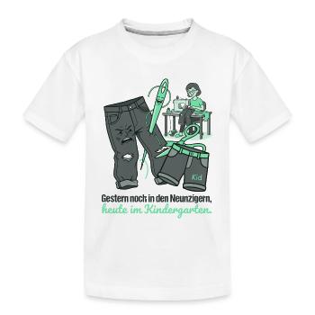 Lustiges Upcycling Jeans Kindergarten Näh Design - Kinder Premium Bio T-Shirt - Weiß - Vorne