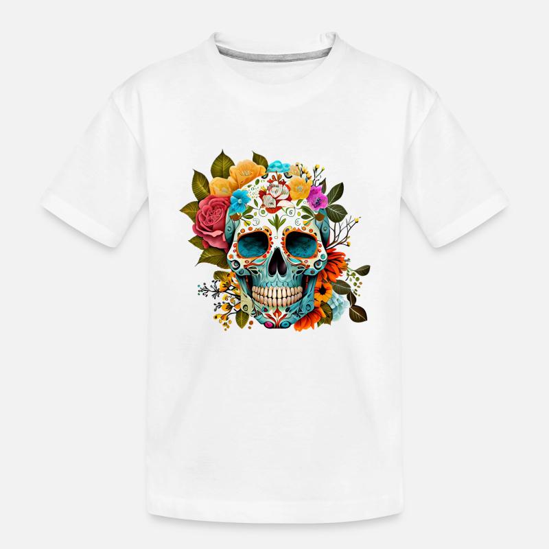 Totenkopf Blumen Bunt - Kinder Premium Bio T-Shirt - Weiß
