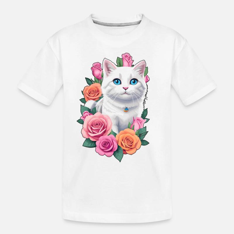 Katze mit Rosen - Kinder Premium Bio T-Shirt - Weiß