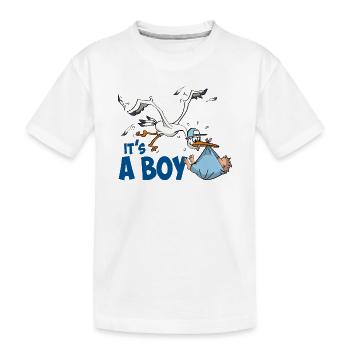 Storch mit dem kleinen Jungen; "Es ist ein Junge" - Kinder Premium Bio T-Shirt - Weiß - Vorne