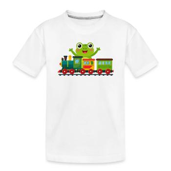 Grenouille de dessins animés verts qui acclame avec un train jouet - T-shirt bio Premium Enfant - blanc - Devant