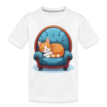 Katze schläft zusammengerollt auf dem Sessel - Kinder Premium Bio T-Shirt - Weiß - Vorne