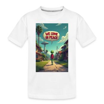 Ein netter, kleiner Alien entsteigt seinem UFO - Kinder Premium Bio T-Shirt - Weiß - Vorne