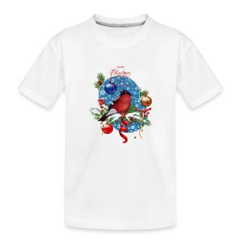 Bouvreuils sur branches de sapin et tambourins avec neige - T-shirt bio Premium Enfant - blanc - Devant