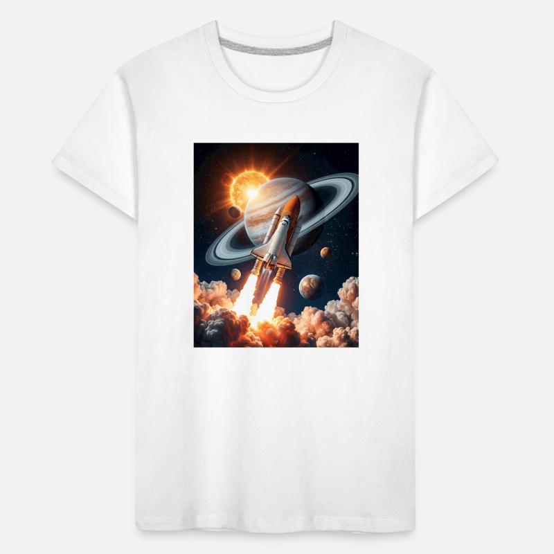 Fusée à travers les anneaux de Saturne dans l’espace T-shirt bio Premium Enfant