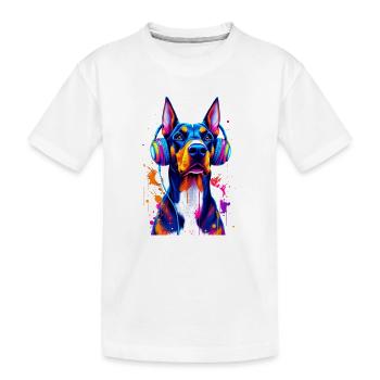 Doberman with headphones - Kids' Premium Organic T-Shirt - white - Front