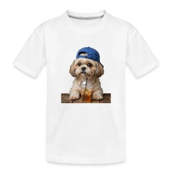 Chien avec un bouchon buvant du café glacé - T-shirt bio Premium Enfant - blanc - Devant