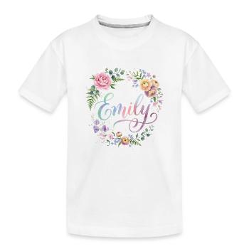 Imprimé du nom d’Emily en couronne florale - T-shirt bio Premium Enfant - blanc - Devant