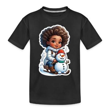 Kind mit Schneemann auf dem Schlitten - Kinder Premium Bio T-Shirt - Schwarz - Vorne