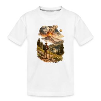 Des randonneurs devant un volcan en éruption et un monde étrange - T-shirt bio Premium Enfant - blanc - Devant