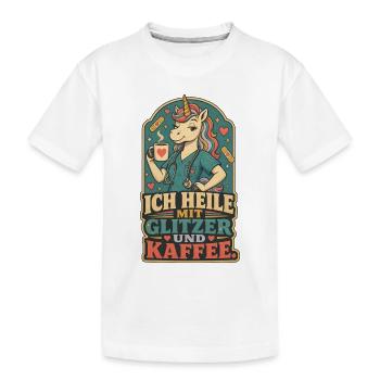 Einhorn Pflege Glitzer Kaffee Shirt - Kinder Premium Bio T-Shirt - Weiß - Vorne
