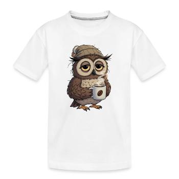 Verschlafene Eule Mit Kaffeetasse Cartoon - Kinder Premium Bio T-Shirt - Weiß - Vorne