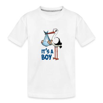 Storch mit dem kleinen Jungen; "Es ist ein Junge" - Kinder Premium Bio T-Shirt - Weiß - Vorne