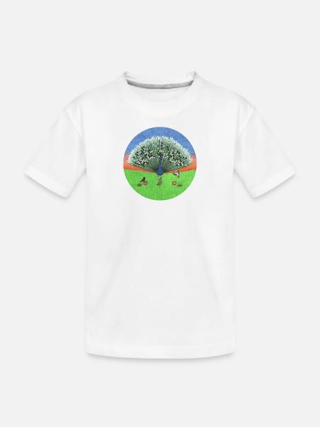 Zwei Vögel spielen auf den Federn eines Pfaus - Kinder Premium Bio T-Shirt - Weiß