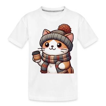 niedliche Katze mit Kaffee und Winteroutfit - Kinder Premium Bio T-Shirt - Weiß - Vorne