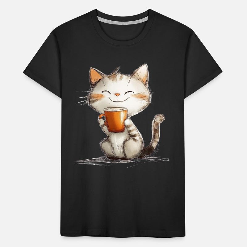 Glückliche Katze mit Kaffee Kinder Premium Bio T-Shirt