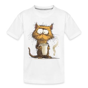 Morning grouch cat with coffee - Kids' Premium Organic T-Shirt - white - Front