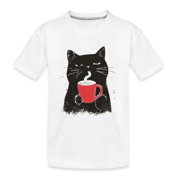 Chat Vintage avec Café - Style Linogravure - T-shirt bio Premium Enfant - blanc - Devant