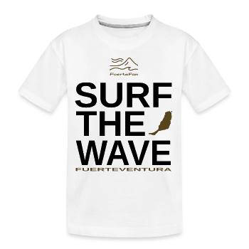 FuerteFan Surf the Wave - Collection Fuerteventura - Kinder Premium Bio T-Shirt - Weiß - Vorne