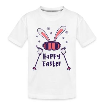 Joyeuses Pâques de la part du lapin de ski avec bâtons de ski - T-shirt bio Premium Enfant - blanc - Devant