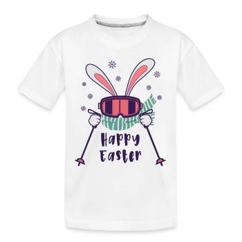 Joyeuses Pâques de la part du lapin de ski avec bâtons de ski - T-shirt bio Premium Enfant - blanc - Devant