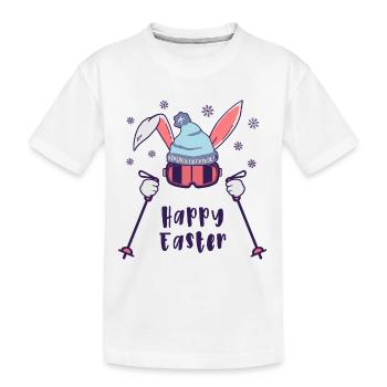 Joyeuses Pâques de la part du lapin de ski avec bâtons de ski - T-shirt bio Premium Enfant - blanc - Devant