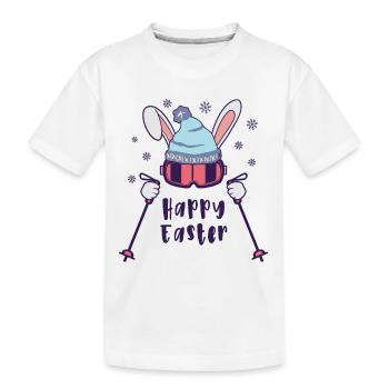 Joyeuses Pâques de la part du lapin de ski avec bâtons de ski - T-shirt bio Premium Enfant - blanc - Devant