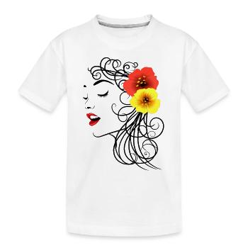 Frau mit roten und gelben Hibiskusblüten - Kinder Premium Bio T-Shirt - Weiß - Vorne