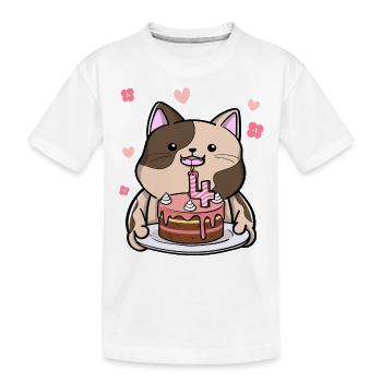 Mollige Katze Hält Eine Geburtstagstorte 4 Jahre - Kinder Premium Bio T-Shirt - Weiß - Vorne