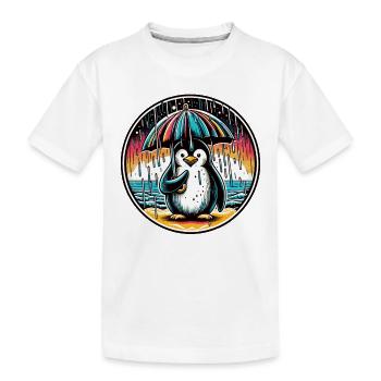 Penguin in the rain with umbrella on the beach - Kids' Premium Organic T-Shirt - white - Front