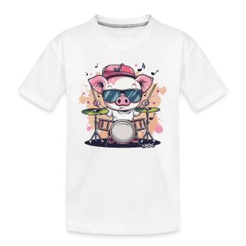 Rock music and a funny drummer pig - Kids' Premium Organic T-Shirt - white - Front