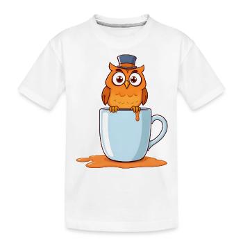 Whimsical Owl Perched on Blue Mug - Kids' Premium Organic T-Shirt - white - Front