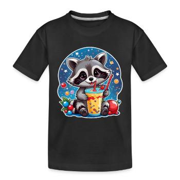 süßer Waschbär trinkt Limonade mit Strohhalm - Kinder Premium Bio T-Shirt - Schwarz - Vorne