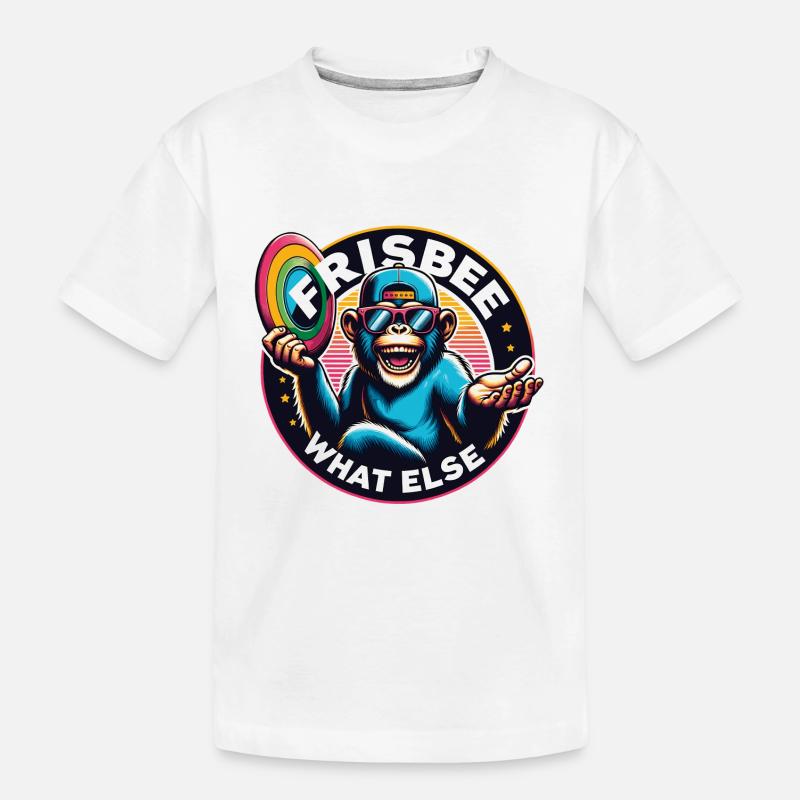 Schimpanse mit Sonnebrille, Basecap und Frisbee - Kinder Premium Bio T-Shirt - Weiß