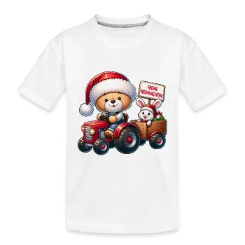 Teddy als Weihnachtsmann mit Traktor und Häschen. - Kinder Premium Bio T-Shirt - Weiß - Vorne