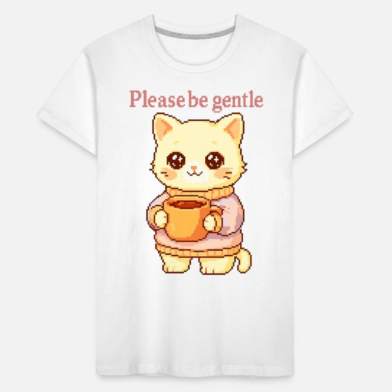 Bitte sei sanft – Pixel Katze mit Tee & Kuschelpul Kinder Premium Bio T-Shirt