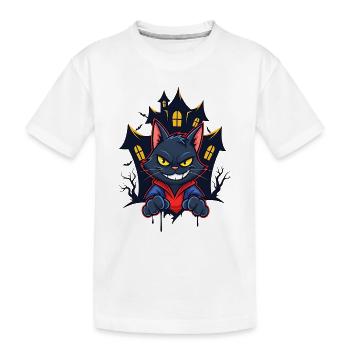 Grinsende Katze vor Spukhaus - Kinder Premium Bio T-Shirt - Weiß - Vorne