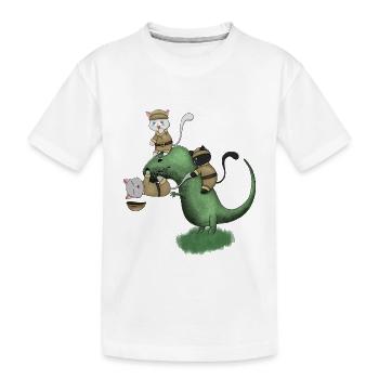 Kawaii Campingkatzen reiten auf Dinosaurier-Shirt - Kinder Premium Bio T-Shirt - Weiß - Vorne