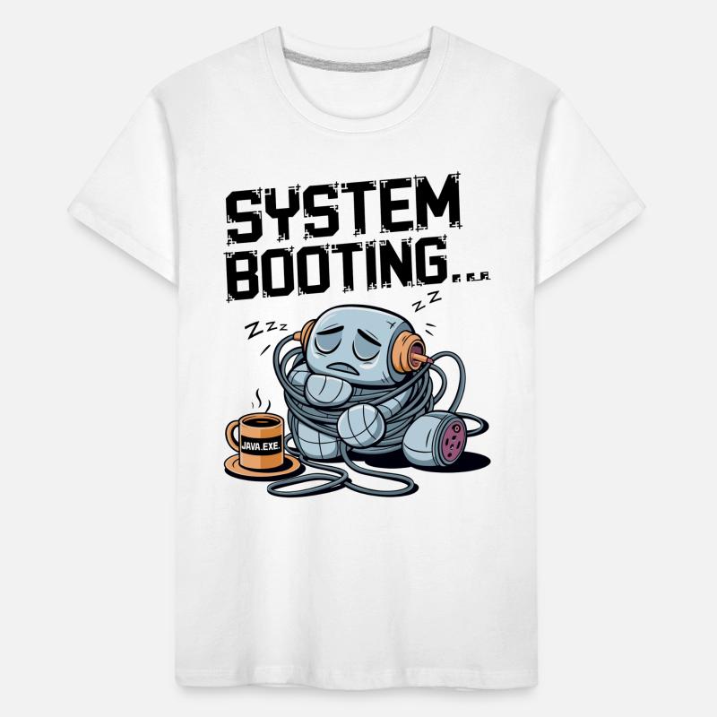 Sleepy Robot Booting with Java.exe Coffee – Funny Kids' Premium Organic T-Shirt
