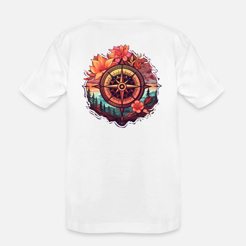 Wunderschöner Boho Kompass mit Blumen und Bäumen - Kinder Premium Bio T-Shirt - Weiß