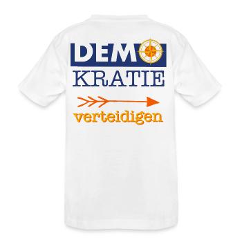 „Demokratie verteidigen“ blau orange gelb Kompass - Kinder Premium Bio T-Shirt - Weiß - Hinten
