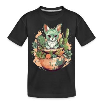 Chat en pot de téracotta avec cactus - T-shirt bio Premium Enfant - noir - Devant