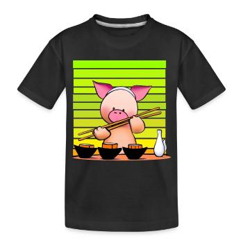 Pork tries sushi with chopsticks - Kids' Premium Organic T-Shirt - black - Front
