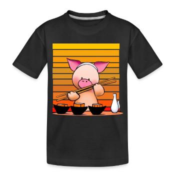 Pork tries sushi with chopsticks - Kids' Premium Organic T-Shirt - black - Front